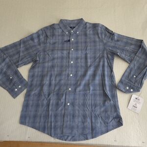 George Men's Long Sleeve Poplin Button-Up Shirt Weathered Blue Plaid Size M38-40